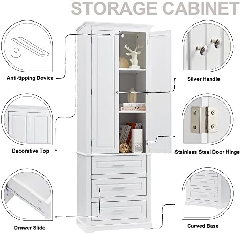 Polibi Tall Storage Cabinet with 3 Drawers, 3-Tier Adjustable Shelves & 2 Doors, Floor Freestanding Linen Cabinet for Bathroom, Living Room (White)