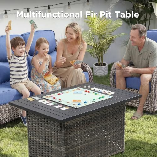 Luxury Patio Furniture Set with Fire Pit Table-10 Pieces All Weather Outdoor Swivel Rocker Chairs with Sofa and Ottomans. Outdoors Patio Conversation Sets for Porch Deck Garden Backyard(Grey/Blue)