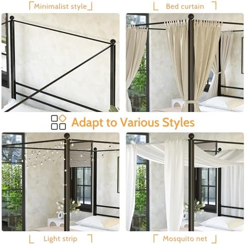 Lutown-Teen Canopy Bed Frame Queen, Four Poster Metal Frame, Black