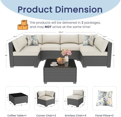 7 Piece Outdoor Patio Sectional Furniture Set, Modular Wicker Outdoor Couch