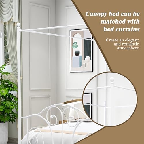 Full Size Four-Poster Metal Canopy Bed Frame,White