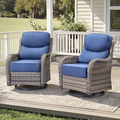 Luxury Wicker Patio Furniture Set-High Back Outdoor Swivel Chairs Set of 2 with 6" Thick Cushions Wide Armrest All Weather Patio Conversation Sets for Deck Porch Balcony(Grey/Blue)