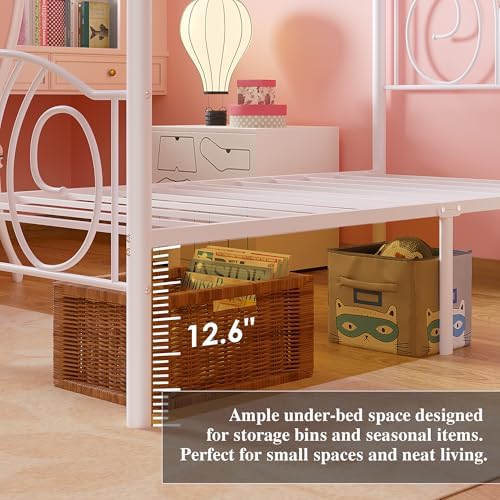 VECELO Twin Canopy Bed Frame, Vintage Scrollwork Headboard, Pure White