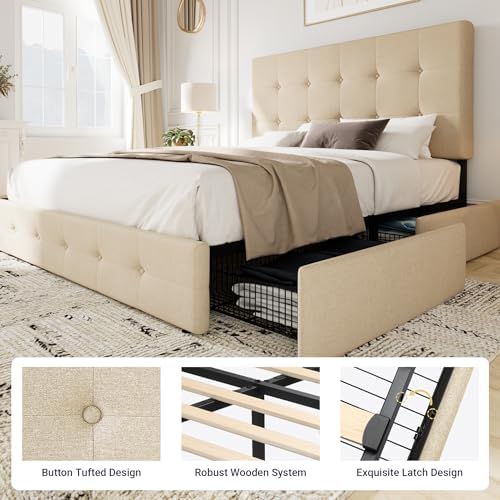 Allewie Queen Size Storage Bed Frame with 4 Underbed Drawers, Upholstered Platform Bed with Adjustable Headboard, Square Button Tufted, Easy Assembly, Noise-Free, No Box Spring Needed, Beige