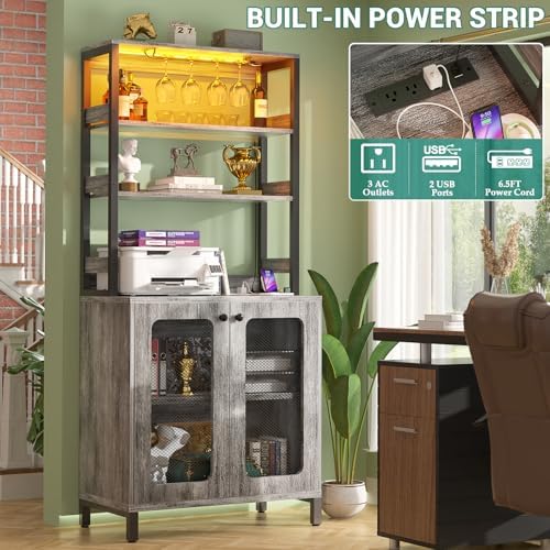 Aheaplus Bar Cabinet with Power Outlets,67" Tall Wine Bar Cabinet,White Oak