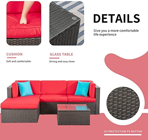 Shintenchi 5 Pieces Patio Furniture Sets Outdoor All-Weather Sectional Patio Sofa Set PE Rattan Manual Weaving Wicker Patio Conversation Set with Glass Table&Ottoman Cushion and Red Pillows, Red