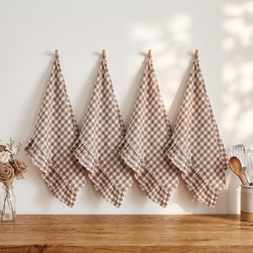 HunnmingRe 4 Pcs Taupe Gingham Kitchen Towels Cotton Ruffled