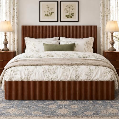 VMU Fluted Queen Size Platform Bed Frame with Lift up Storage