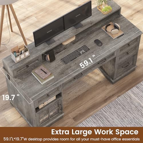 HAUOMS Farmhouse Executive Desk Computer Desk with Drawers，Grey
