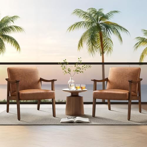 Yaheetech Accent Chairs Set of 2, Mid-Century Faux Leather Armchairs Brown