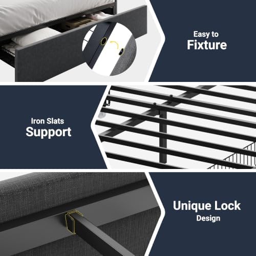 Allewie Queen Size Platform Storage Bed Frame with 3 Drawers, Dark Grey