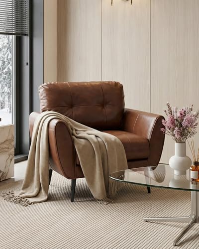 Brown Leather Accent Chair, Tufted Reading Arm Chair for Living Room Office