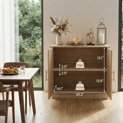 holzart 31.5" Modern 2 Door Storage Cabinet, Light Oak Sideboard Buffet Cabinet with Gold Handles, Fluted Wood Accent Cabinet for Living Room, Entryway Console, Home Office Printer Stand
