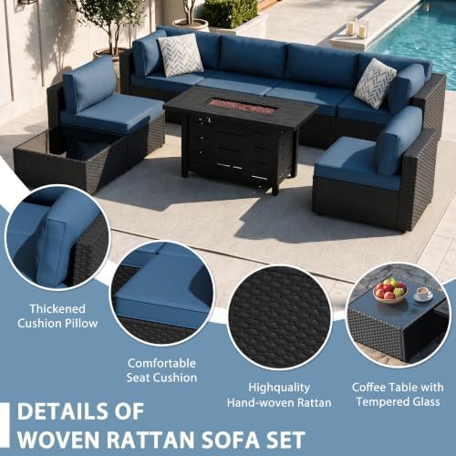 Shintenchi 8 Piece Outdoor Patio Furniture Set with 43 Inch Propane Fire Pit, Washable Cushions, Glass Coffee Table, Waterproof Cover & CSA Certified for Backyard Poolside, Black PE Rattan/Navy Blue
