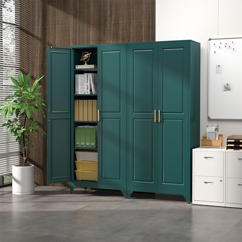 SteeLoong 75”Metal Pantry Storage Cabinet with Doors & 4 Adjustable Shelves | Kitchen Pantry Cabinet,Green Kitchen Cabinet with 2 Gold Handles,Tall Cabinet for Livingroom,Pantry, Bathroom,Kitchen,Garage