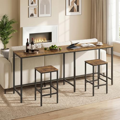 YATINEY 78.7" Bar Table and Chairs Set, L-Shaped Bar Height Table and 2 Chairs, Convertible Bar Table with Stools for Kitchen, Corner, Apartment, Easy to Assemble, Rustic Brown and Black BT14BR