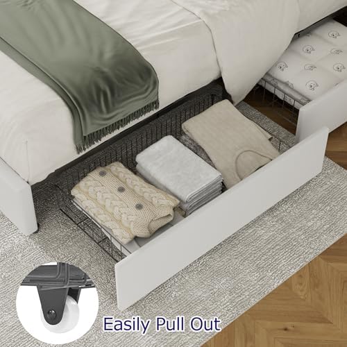 VECELO Full Size Bed Frame with 4 Storage Drawers, Adjustable Height Headboard, Heavy-Duty Platform Bedframe with Strong Wooden Slats, No Box Spring Needed, Pure White
