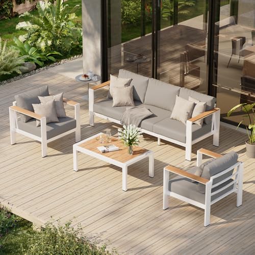 Aluminum Outdoor Patio Furniture Set with Coffee Table, 4 Piece Outdoor Conversation Sets with Washable Thick Cushions, Patio Sectional Furniture Set for Porch, Balcony, Deck, White