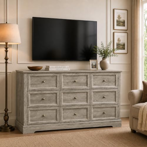 LOUVIXA Farmhouse Bedroom Sets of 3, Including 9 Drawer Dresser, Nightstand Set of 2 with Charging Station (Grey Sets)