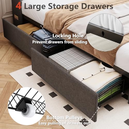 Queen Bed Frame with 4 Drawers and Storage Headboard, Upholstered Platform Bed Frame Queen Size with Led Lights and Handy Charging Station, No Box Spring Needed, Easy Assembly, Noise Free, Gray