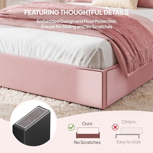 Welzona Queen Upholstered Bed Frame with Headboard & 4 Storage Drawer, Pink