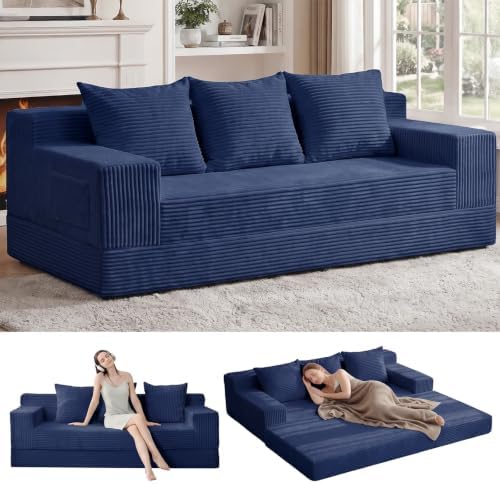 Erament 3 Seater Boneless Couch Sofa Bed, 78'' Corduroy Oversized Loveseat Folding Sofas Bed, Compression Convertible Futon Floor Couch Sofa Beds with 3 Pillows for Living Room Bedroom Apartment