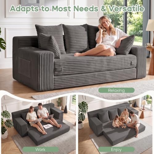 Boneless Couch for Living Room, 3 Seater Convertible Sofa Bed in Box, Grey