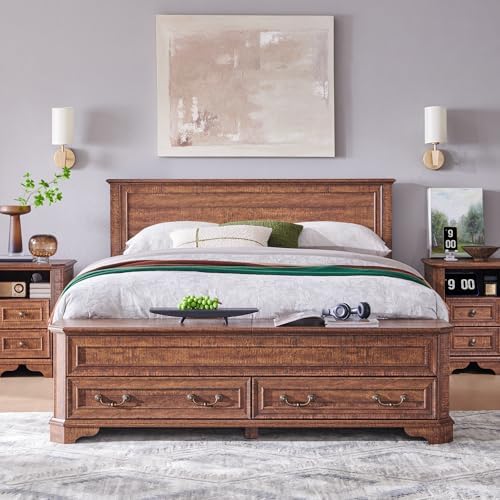 T4TREAM Farmhouse Queen Bed with Headboard and Storage Bench, Dark Brown