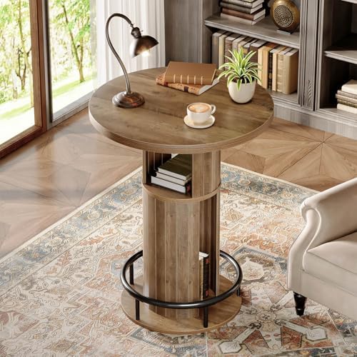 HSH 39.37" H Round Bar Table with Storage and Metal Ring Footrest, Rustic