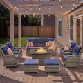 Luxury Patio Furniture Set with Fire Pit Table-8 Pieces All Weather Outdoor Swivel Rocker Chairs with Sofa and Ottomans. Outdoors Patio Conversation Sets for Porch Deck Garden Backyard(Grey/Blue)