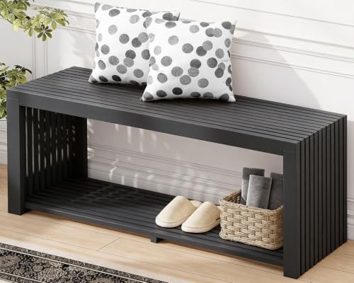 Bamboo Bench with Shelf, 35'' Entryway Bench Seat, Black