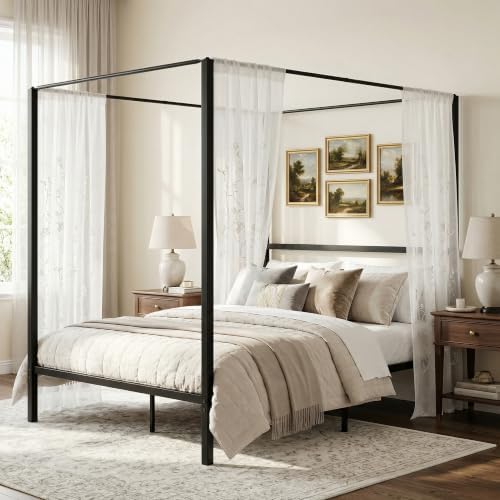 SUPER DEAL Full Size Metal Canopy Bed Frame, Built-in Headboard Sturdy Slatted Structure Four Poster Platform Mattress Foundation, No Box Spring Needed Easy Assembly, Black