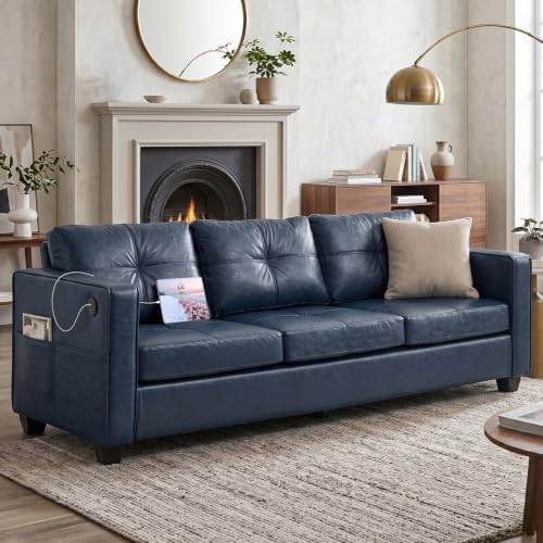 TYBOATLE Faux Leather Blue Couch with USB, 3-Seater Sofa for Living Room
