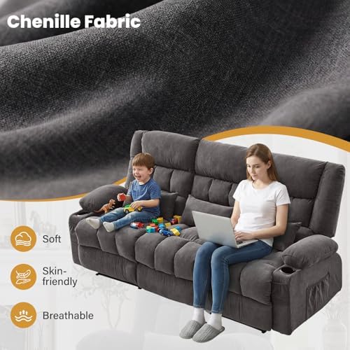 BOSMILLER Recliner 3-Seat Sofa with Cup Holders for Living Room, Manual Sofa Recliner with Side Pocket