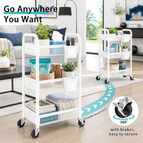 3 Tier Rolling Storage Cart Organizer, Metal Rolling Utility Carts on Wheels, White Art Cart with Hanging Cups and Hooks, Three Tiered Roller Trolley for Cleaning Supplies, Diaper Caddy, Craft, Nail