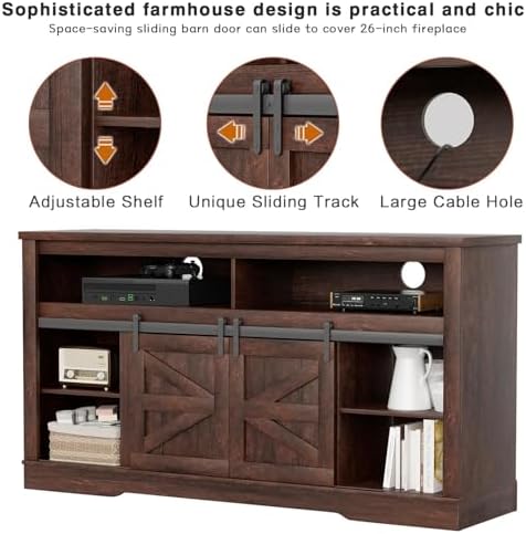 YESHOMY Farmhouse Fireplace TV Stand for TVs up to 65+ Inch, Dark Brown