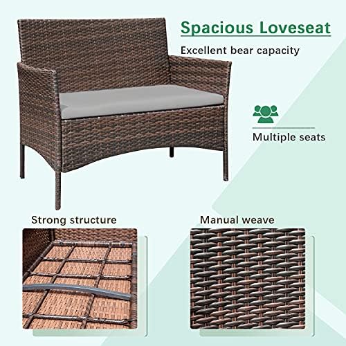 Greesum Patio Furniture 4 Pieces Conversation Sets,Brown and Gray