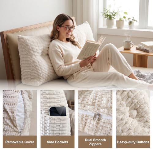 Headboard Pillow King, Triangle Pillows for Headboard, Backrest Long Wedge Pillow for Reading Sitting Working in Bed, Daybed Pillows with Removable Cover for Bed Dorm Sofa, Beige