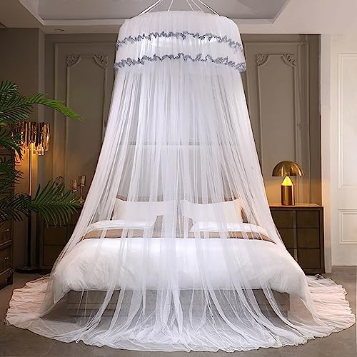 Kertnic Mosquito Net Bed Canopy for Girls, Princess Canopy Bed Curtain Fine Sheer Mesh Dome Bed Canopies, Girls & Adults Lace Tent for Twin Full Queen King Bed (White)