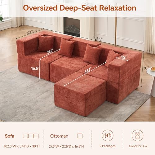 MONVANE 103'' Modular Sectional Sofa, Cloud Sectional Couch with Ottoman, Convertible Chenille L Shaped Couch with Deep Seat, Sectional Couches for Living Room Bedroom, No Assembly Required, Rust Red