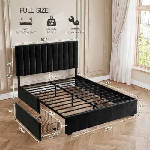 Welzona Full Size Upholstered Bed Frame with Headboard & 4 Drawers, Black