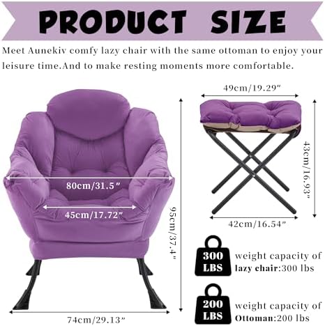 Lazy Chair with Ottoman, Comfy Reading Chair, Purple