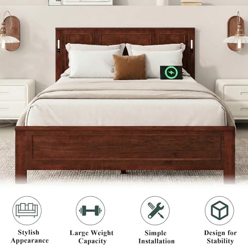 Queen Bed Frame with Tall Headboard & Footboard, Farmhouse Solid Wood Platform Bed Frames Queen Size with LED Lights & USB Charging Station,No Box Spring Needed, Walnut