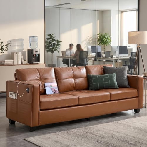TYBOATLE 88'' Brown Faux Leather Couch with USB, 3-Seater Living Room Sofa
