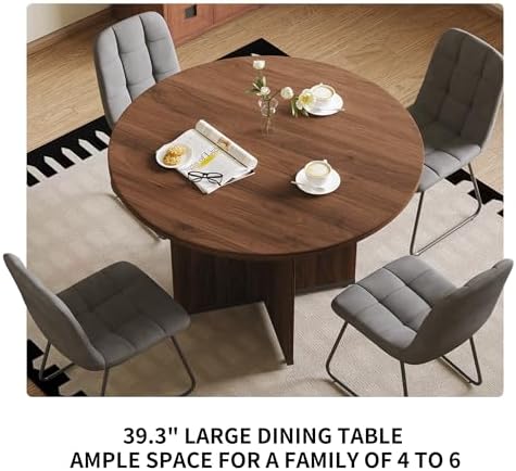 HIPIHOM Modern Round Dining Table Set for 4, 39.4" Walnut Kitchen Table with 4 PU Leather Chairs, 5-Piece Mid-Century Dining Room Set for Small Spaces, Pedestal Base