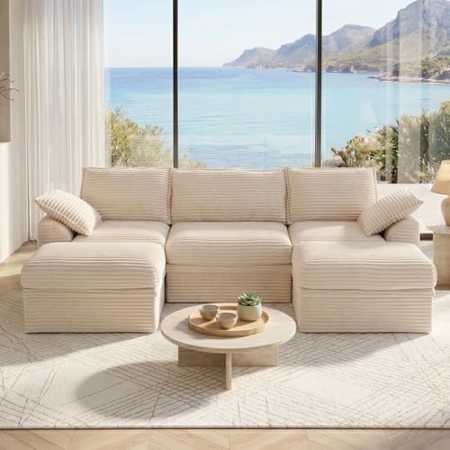 Modular Sectional Couch for Living Room, Corduroy 5-Seat U Shaped Upgraded Boneless Couch with Storage & 2 Ottomans, Throw Pillows, Memory Foam Sofa,Deep Seat,Compressed Box,No Assembly (107"-Beige)