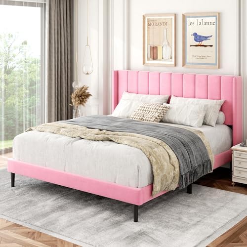 Gruwans Queen Size Bed Frame with Upholstered Wingback Headboard, Easy Assemnly Platform Bed, Wooden Slat Support No Box Spring Needed, Pink Velvet