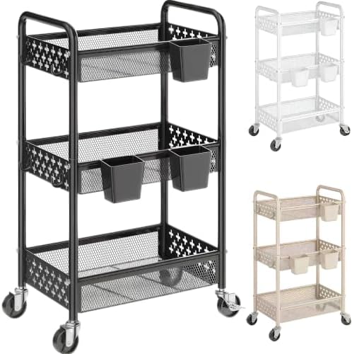 3 Tier Heavy Duty Rolling Cart Organizer, Black Utility Storage Carts with Wheels,Three Tiered Snack Cart for Baby Diaper Caddy, Cleaning Supplies, Craft Art Supply, Lash, Bathroom, Kitchen, Bedside