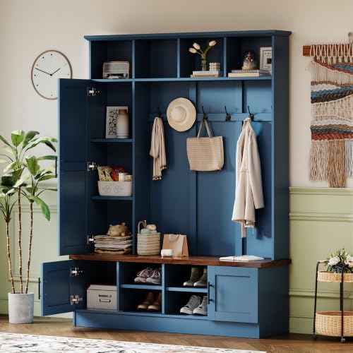 Merax Farmhouse Wood Hall Tree with 6 Hooks and Shoe Storage Bench, Blue