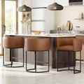26" H Counter Height Bar Stools Set of 3, Modern Barrel Counter Stools with Backrest and Arms, Faux Leather Upholstered Accent Barstools for Kitchen Island,Support 450 LBS (Walnut Brown